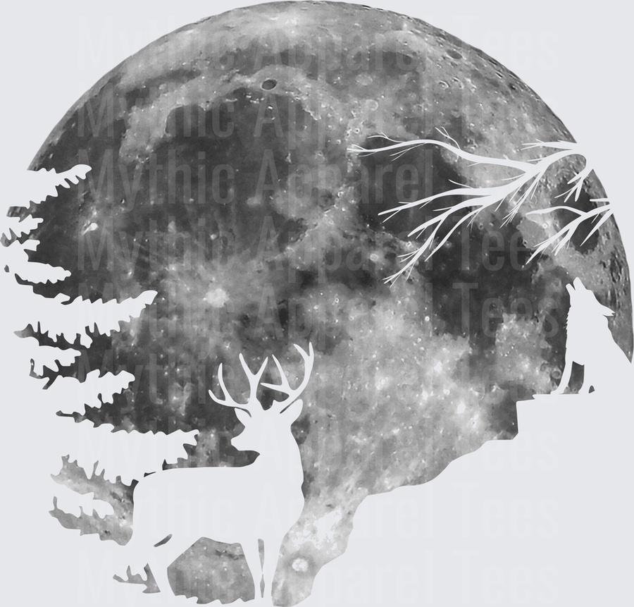 Full Moon Silhouette with Howling Wolf Stag and Pine Trees Wilderness Scene