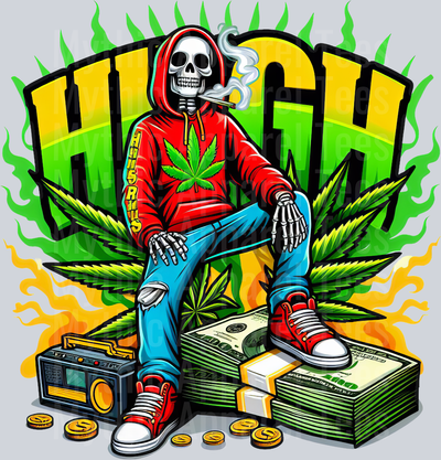 HIGH Skeleton Cash with Marijuana Shirt floral colors weed plant DTF Weed Transfers