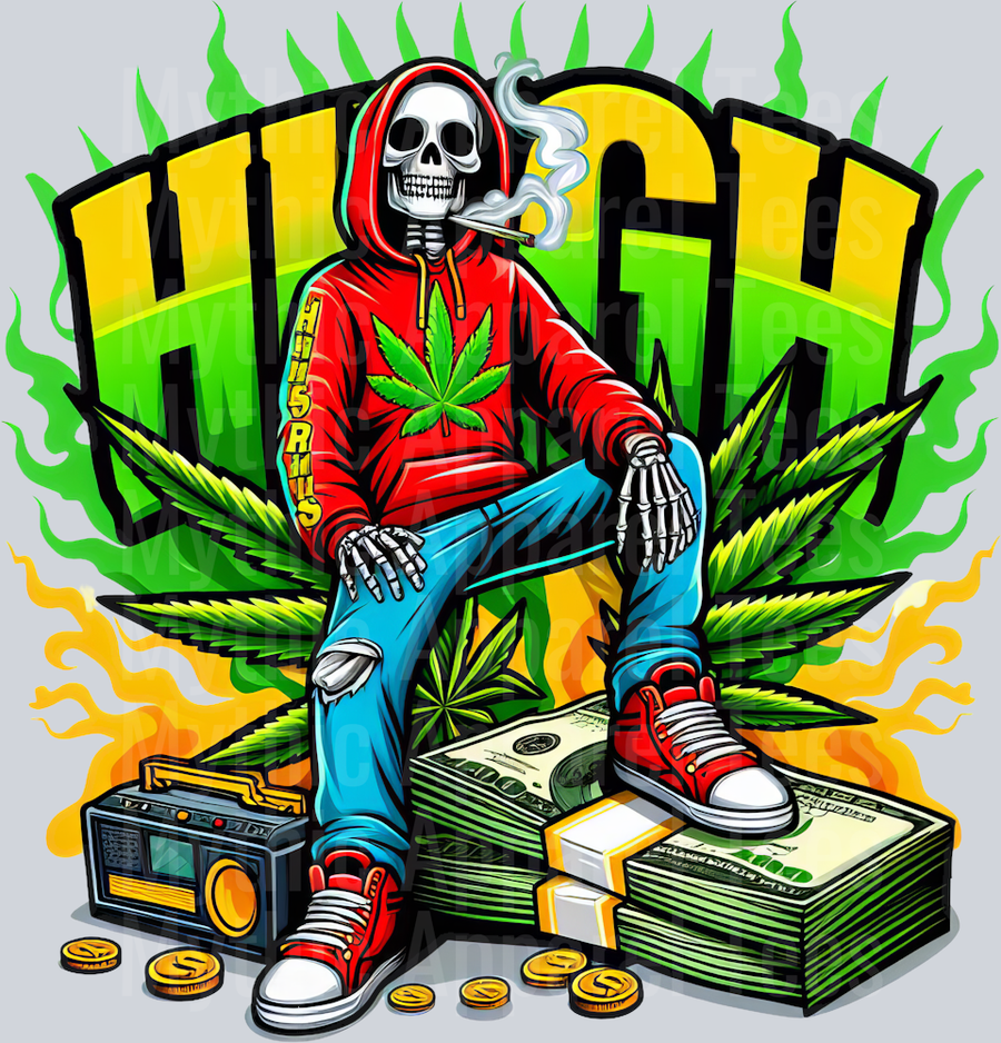 HIGH Skeleton Cash with Marijuana Shirt floral colors weed plant DTF Weed Transfers