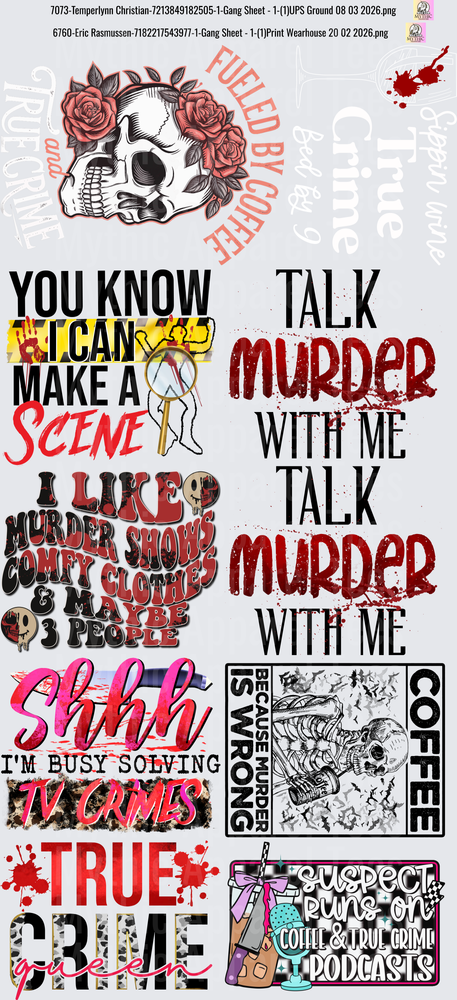 Gang Sheet FULL SIZE DESIGNS Dark Humor True Crime Bundle with Skulls Roses and Sarcastic Sayings