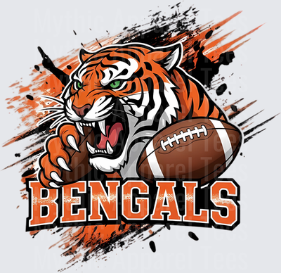 Bengals Fierce Tiger Mascot Clutching Football Grunge Splash Orange Black