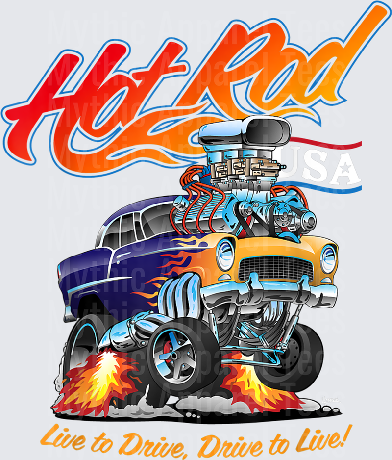 Hot Rod USA Classic Muscle Car Cartoon Hotrod Funny Car T-Shirt