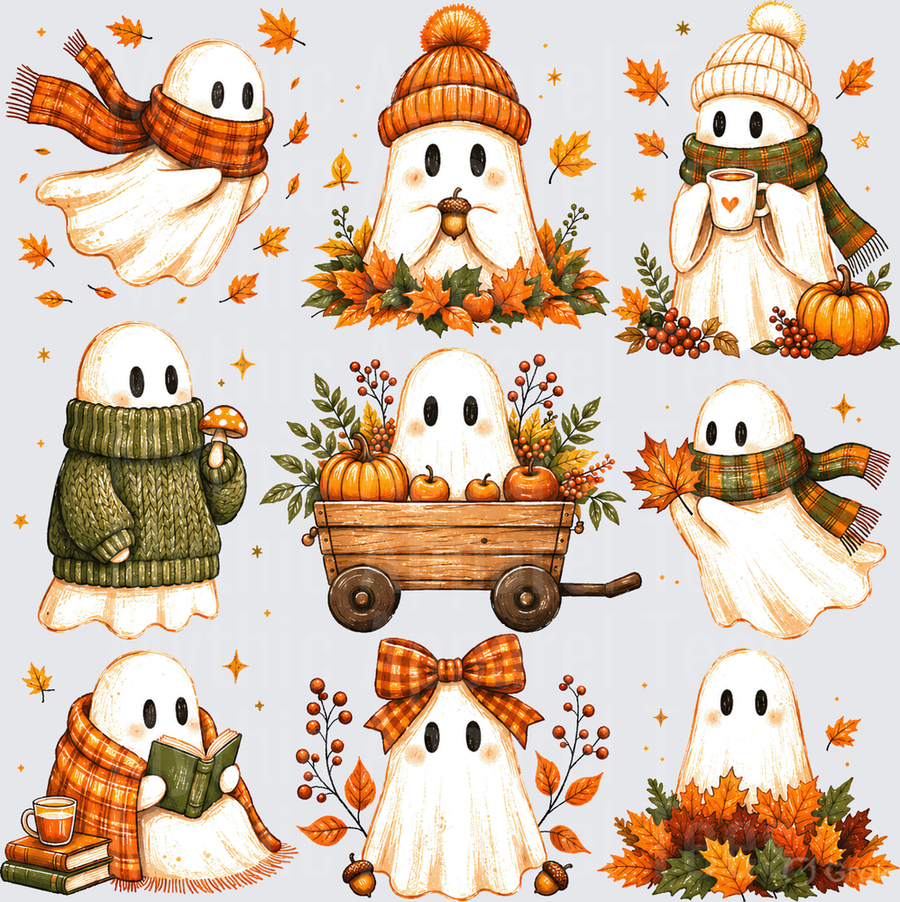 Fall Designs Cozy Autumn Ghost Bundle with Scarves Knit Hats Pumpkin Wagon Books and Fall Leaves