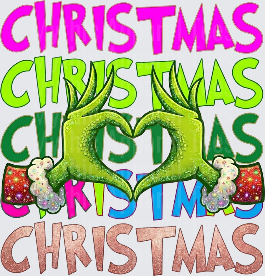 New Grinch Heart Hands Stacked Christmas Text Glitter Design