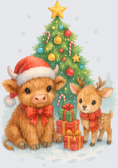 Highland Christmas Cow and Baby Reindeer with Festive Tree