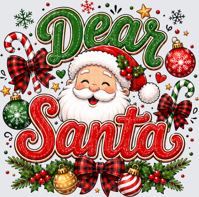 Dear Santa Jolly Santa Claus Face with Buffalo Plaid Bows Candy Canes and Christmas Ornaments Holiday Design