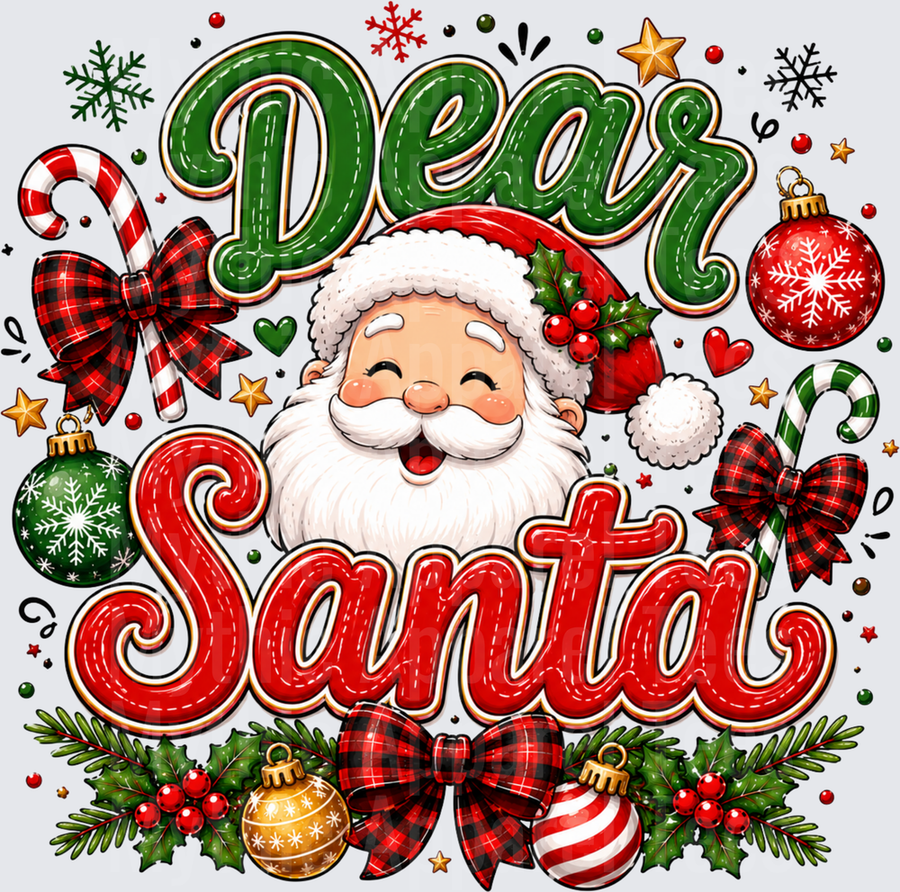 Dear Santa Jolly Santa Claus Face with Buffalo Plaid Bows Candy Canes and Christmas Ornaments Holiday Design