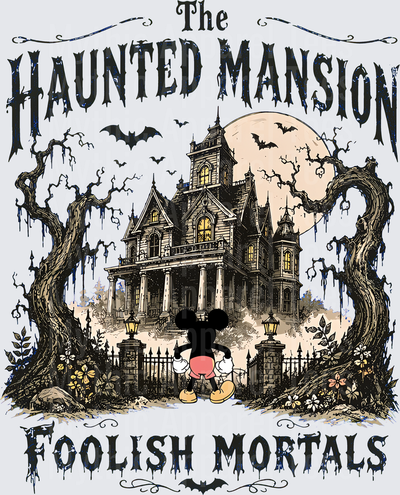 The Haunted Mansion Foolish Mortals Mickey Mouse Standing Before Spooky Victorian House Full Moon Bats Halloween