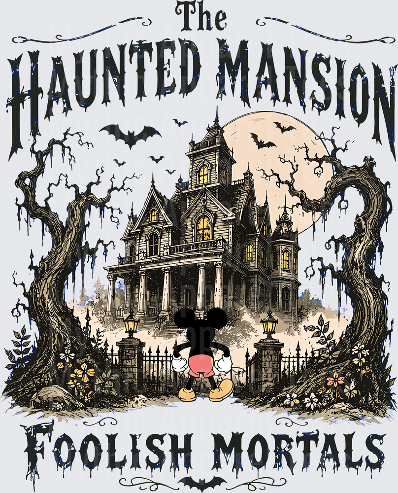 The Haunted Mansion Foolish Mortals Mickey Mouse Standing Before Spooky Victorian House Full Moon Bats Halloween