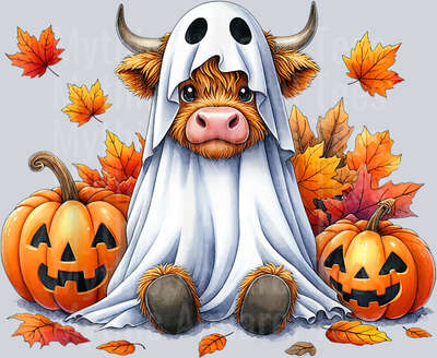 Funny Halloween Highland Cow Ghost Spooky Pumpkin Hello Fall T-Shirt