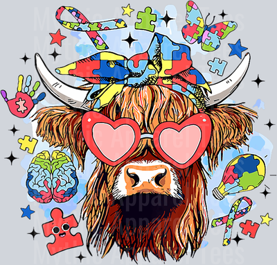 Autism Awareness Puzzle Piece Cow with Heart Shaped Glasses DTF Highland Cow Transfers