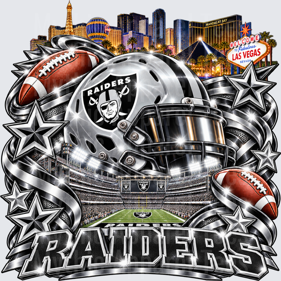 Las Vegas Raiders Silver Helmet Stadium Collage with Las Vegas Strip Skyline and Chrome Stars