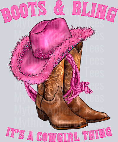 Boots and Bling It's A cowgirl thing Tan and pink boots hat DTF Western Girl Transfers
