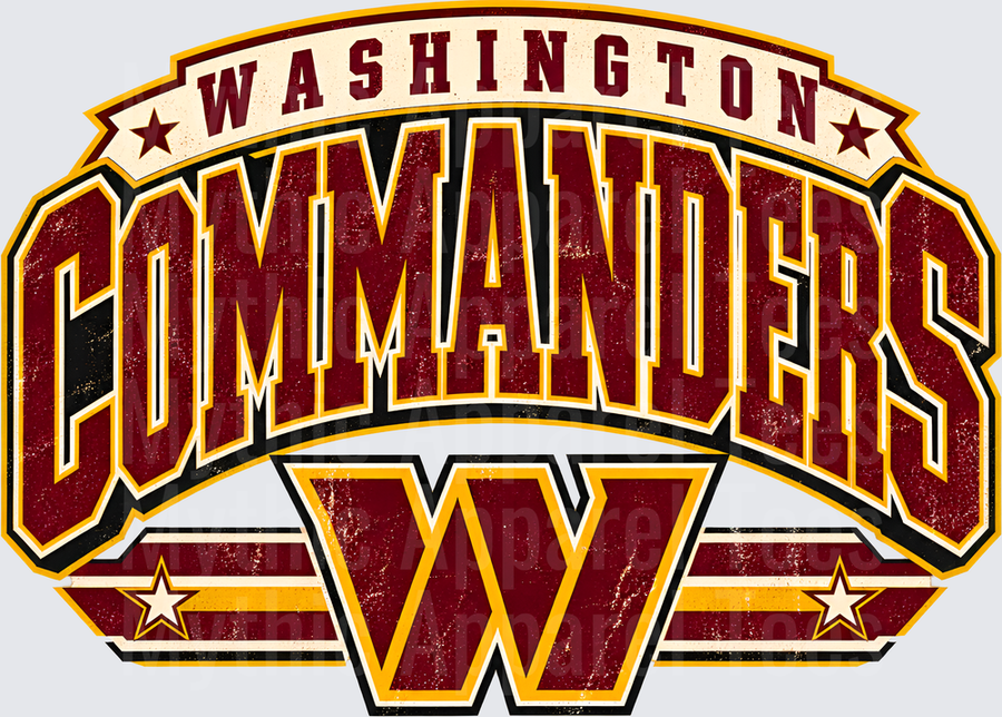 Washington Commanders Bold Vintage Distressed Arch Wordmark with W Logo and Stars in Burgundy and Gold