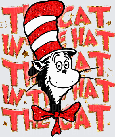 The Cat in the Hat Face with Red Glitter Striped Hat and Bow Tie on Bold Typography Background with Gold Stars