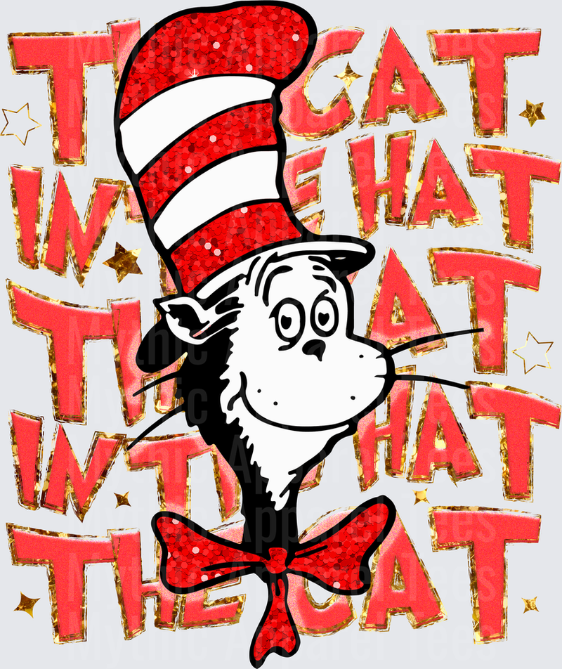 The Cat in the Hat Face with Red Glitter Striped Hat and Bow Tie on Bold Typography Background with Gold Stars