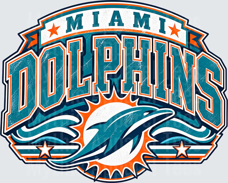 Miami Dolphins Bold Vintage Grunge Logo with Dolphin and Sunburst in Teal and Orange