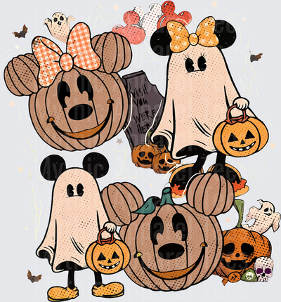 Mickey and Minnie Mouse Halloween Ghost Costumes with Jack-o-Lantern Pumpkins Bats and Tombstone Spooky Retro Vintage Style