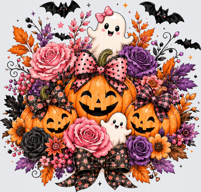 Cute Kawaii Ghost with Pink Bow Atop Smiling Jack-O-Lanterns Surrounded by Pink and Purple Roses Black Bats and Decorative Bows Floral Halloween