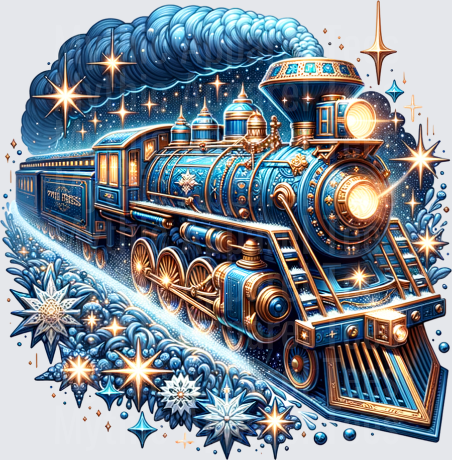 Magical Blue and Gold Polar Express Steam Locomotive with Snowflakes and Glowing Stars