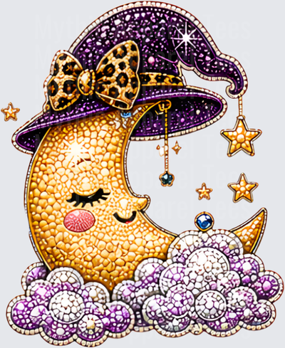 Halloween Bling Sleeping Crescent Moon with Purple Glitter Witch Hat Leopard Bow and Jeweled Clouds Diamond Art Style Design