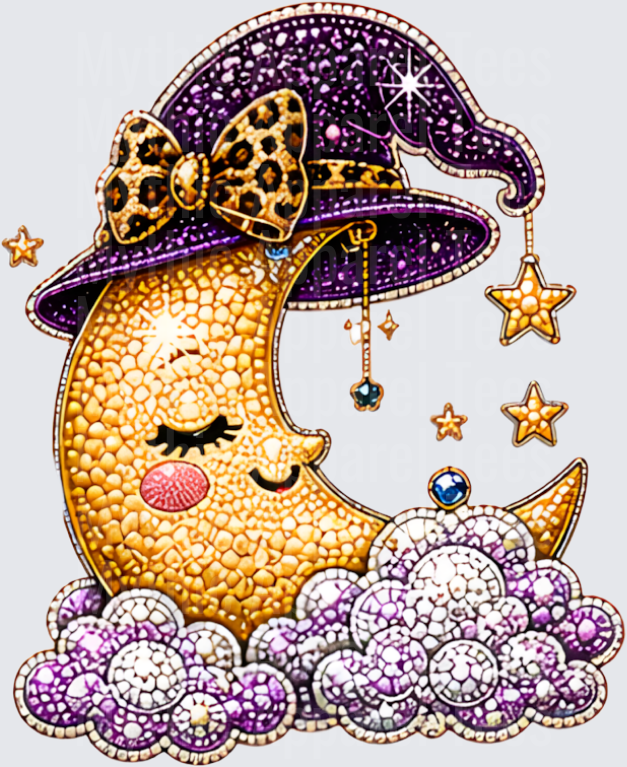Halloween Bling Sleeping Crescent Moon with Purple Glitter Witch Hat Leopard Bow and Jeweled Clouds Diamond Art Style Design