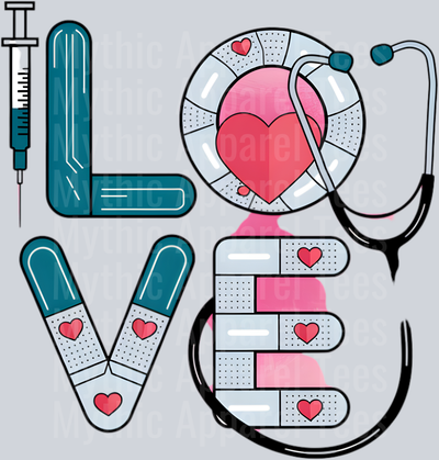Love spelled out with nurse equipment DTF Nurse Transfers