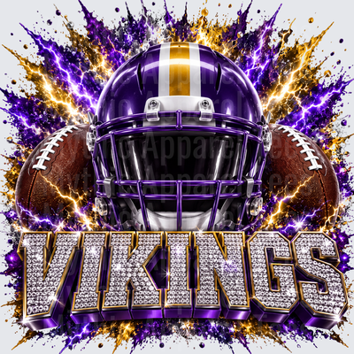 Rhinestone Style NFL Vikings Purple and Gold Football Helmet Lightning Explosion with Diamond Bedazzled Bold Team Lettering