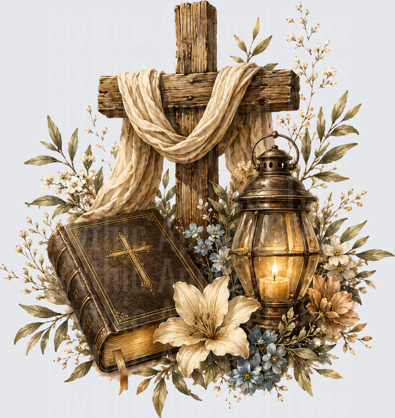 Rustic Wooden Cross with Draped Linen Bible Vintage Lantern and Wildflower Botanical Arrangement