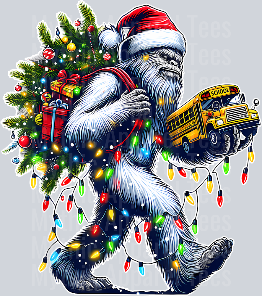 21 Bigfoot Sasquatch Carrying School Bus Yeti Christmas Lights T-Shirt