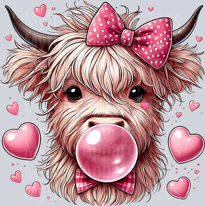 Valentines Day Highland Cow with bubble gum DTF Highland Cow Transfers