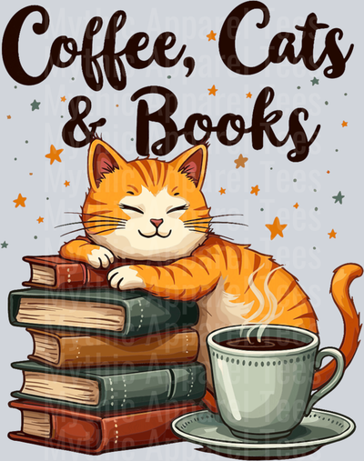 Coffee cats and books cute happy cat with coffee on books DTF Coffee Transfers