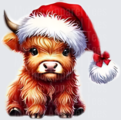Highland Christmas Cow Baby Calf Santa Hat Red Bow