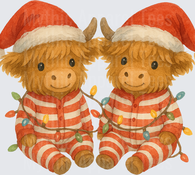 Highland Christmas Cow Twin Baby Calves Santa Hats Lights