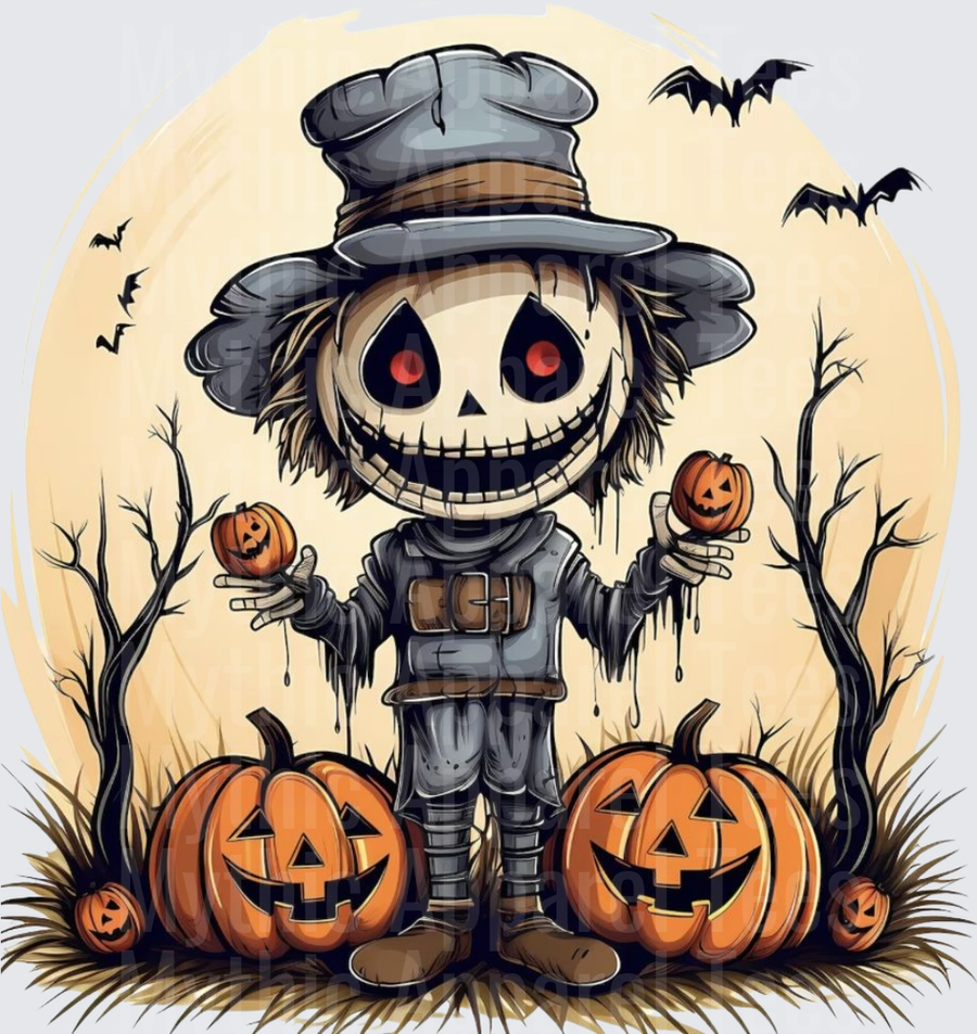 Halloween Creepy Scarecrow Jack-o-Lanterns Bats Moon Scene