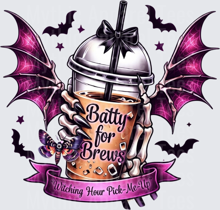 Batty For Brews Witching Hour Pick-Me-Up Skeleton Hands Iced Coffee Cup With Bat Wings Bats And Death Moth Halloween Gothic Design