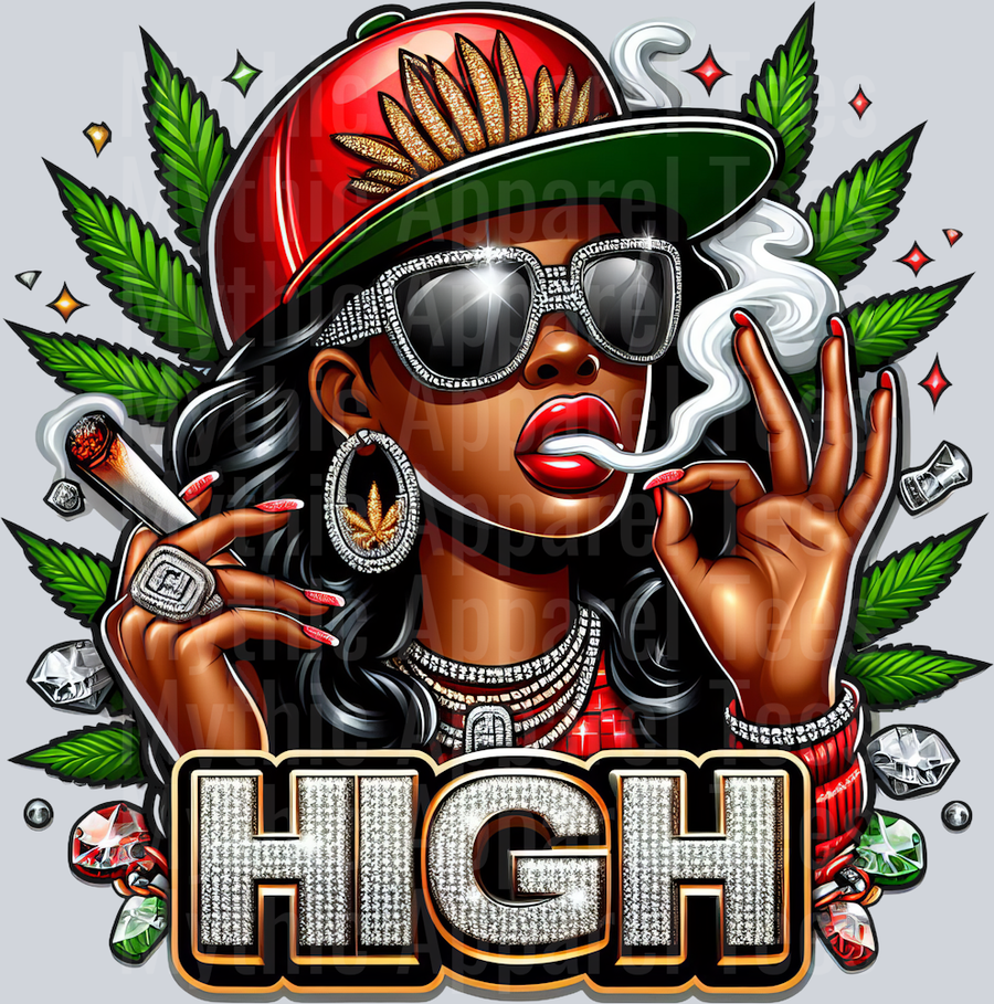 HIGH with Jeweled Letters floral colors weed plant DTF Weed Transfers