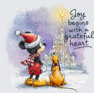 Mickey Mouse and Pluto Christmas Watercolor Cinderella Castle Snow Scene Joy Begins With A Grateful Heart