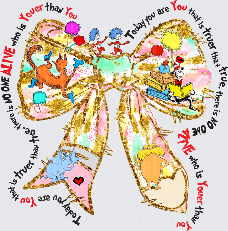 Dr. Seuss Characters Gold Glitter Bow with Today You Are You Quote featuring Thing 1 Thing 2 Cat in the Hat Lorax and Horton