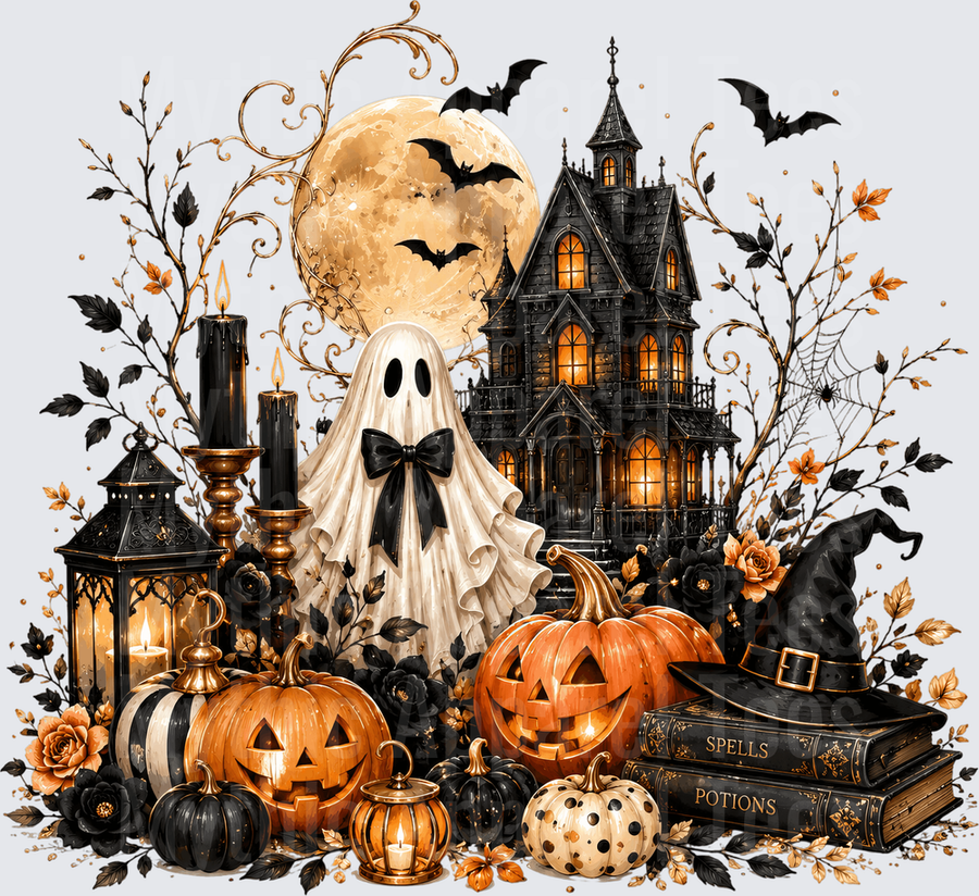 Halloween Ghost Haunted House Pumpkins Spells Potions Scene
