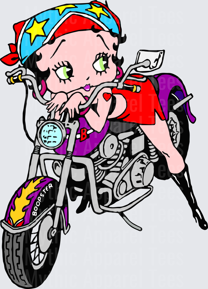 Betty Boop Biker Chick Riding Purple Flame Boopster Motorcycle with Star Bandana