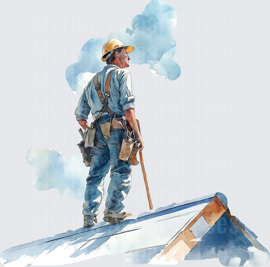 Watercolor Roofer Standing on Rooftop with Yellow Hard Hat and Tool Belt