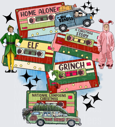 Classic Christmas Movies Retro Cassette Tape Collage with Buddy the Elf, Grinch, Wet Bandits Van, Pink Bunny Suit, Griswold Family Truckster