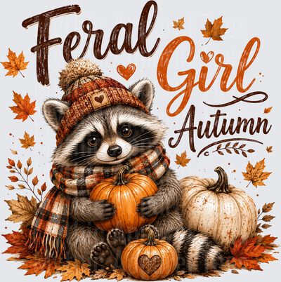 Feral Girl Autumn Cute Raccoon with Pumpkins Plaid Scarf Knit Beanie Fall Leaves