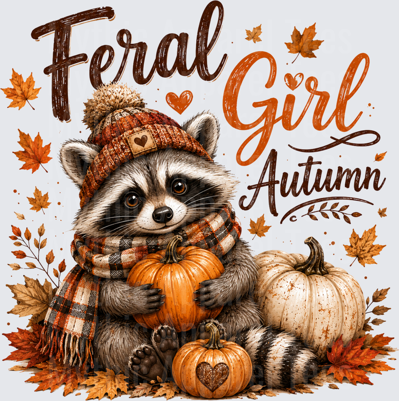 Feral Girl Autumn Cute Raccoon with Pumpkins Plaid Scarf Knit Beanie Fall Leaves