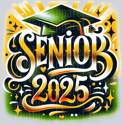0033 Senior 2025 Airburshed Gold and Green DTF 2025 Senior Graduation Transfers