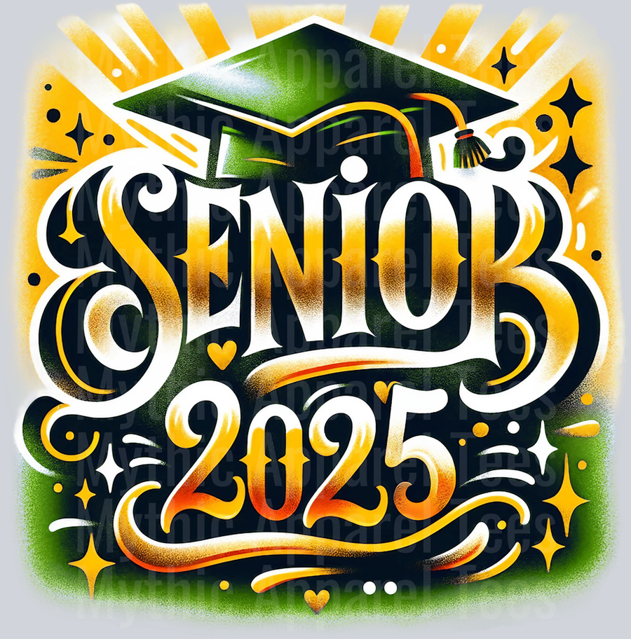0033 Senior 2025 Airburshed Gold and Green DTF 2025 Senior Graduation Transfers