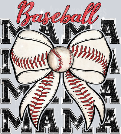 Baseball mama with red and black text red stitches on bow cute DTF Sports Transfers