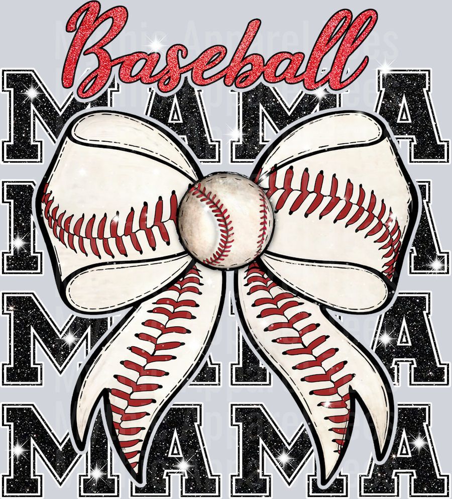 Baseball mama with red and black text red stitches on bow cute DTF Sports Transfers