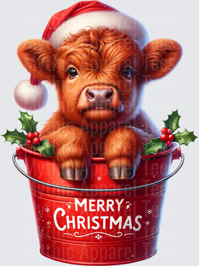 Highland Christmas Cow Baby in Red Merry Christmas Bucket